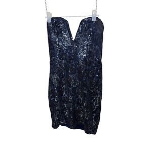 Sequin Hearts Navy Blue Strapless Deep V-Neck Sequin Bodycon Mini Dress Size 9